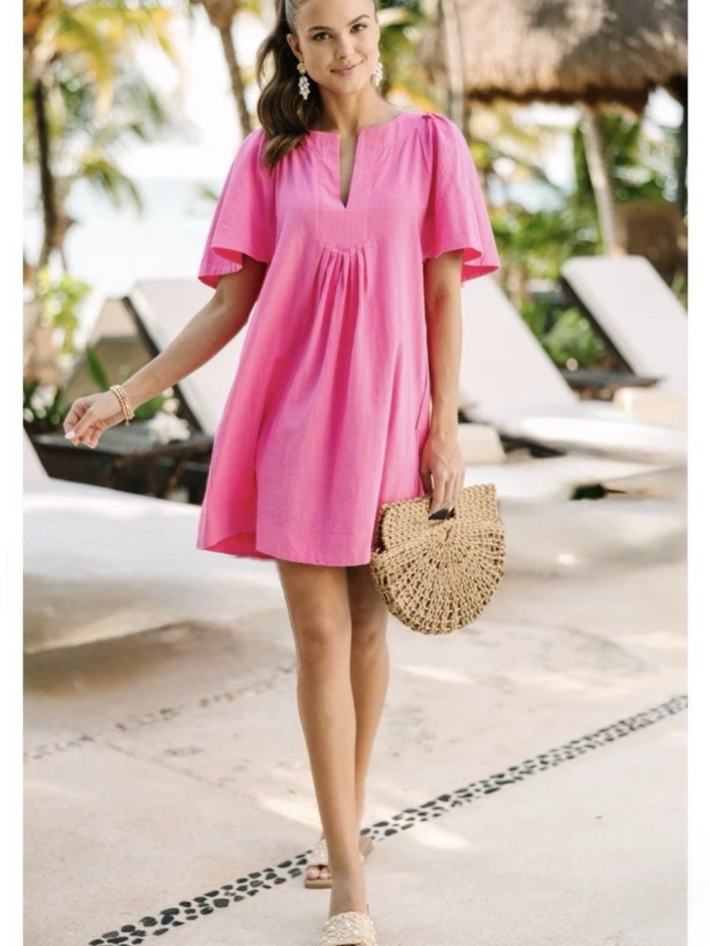 Boutique Pink Cotton Flutter Sleeve Babydoll Dress